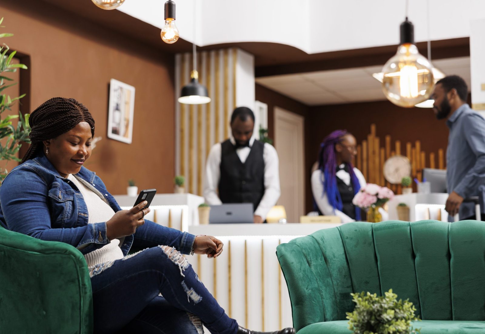 Happy relaxed African American woman relaxing in hotel lobby using smartphone watching online video or browsing internet. Female tourist resting with phone in lounge area at luxury resort